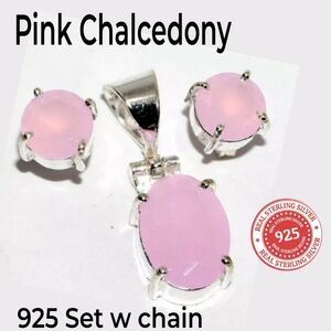 3pc GENUINE PINK CHALCEDONY SET 925 Sterling Silver P. Necklace And Earrings.